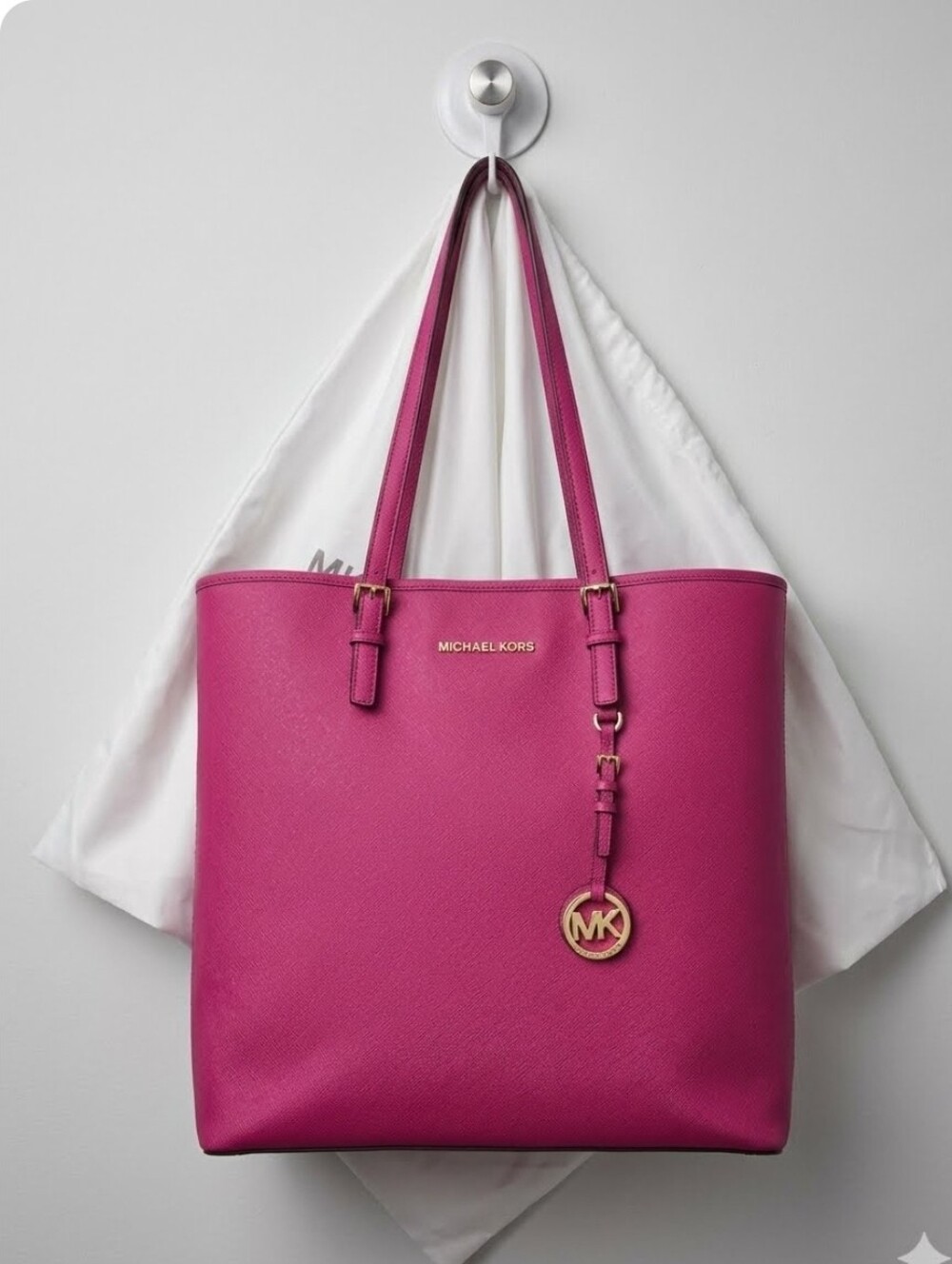 Michael Kors Jet Set Raspberry Saffiano Leather Large Top Zip Pocket Tote Bag